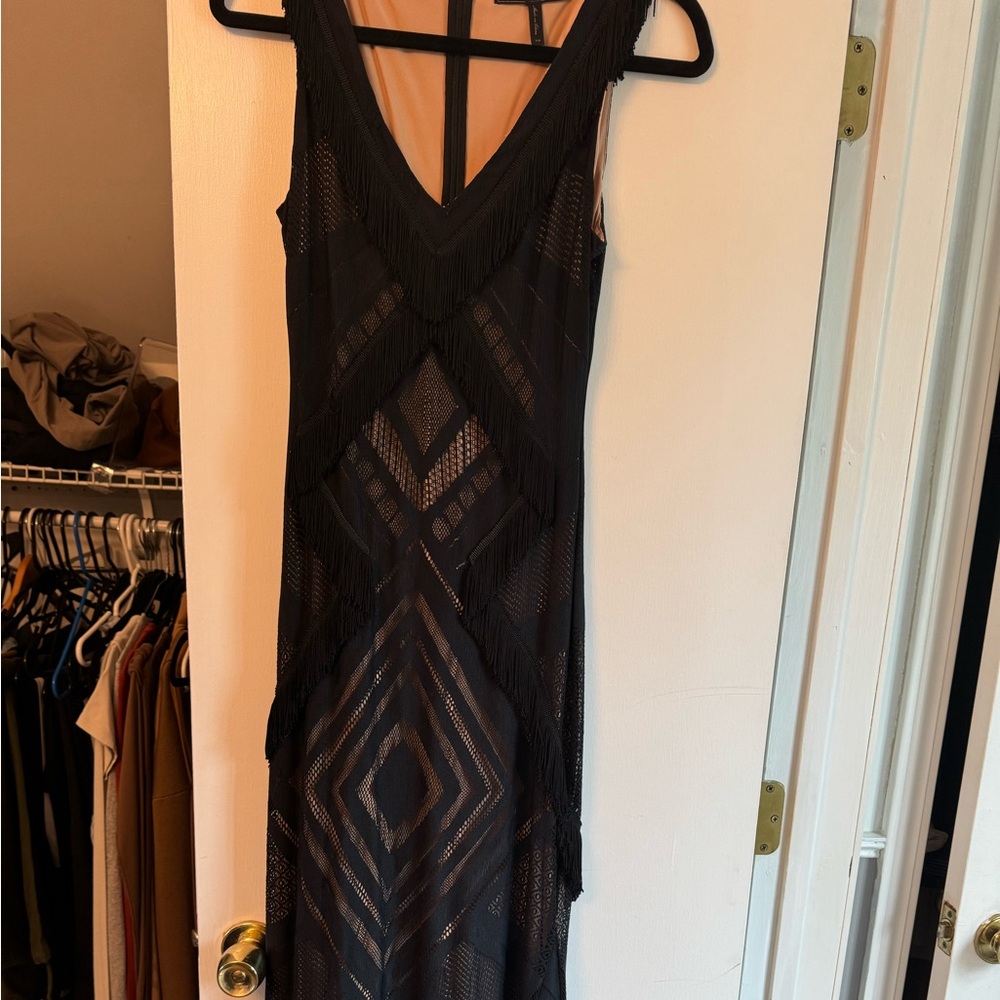 BCBG LONG BLACK FRINGE DRESS